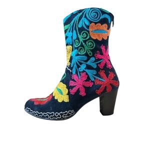 Suzani Embroidered Floral Velvet Block Heel Ankle Boots Women Size‎ 39/US 9